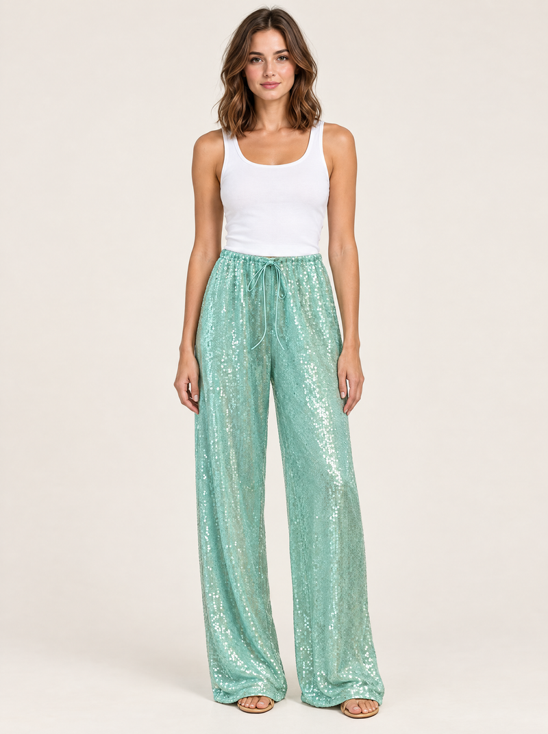 Shimmer Wide-Leg Sequin Pants in Mint Green