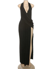 Draped Halter Split Maxi Dress in Black