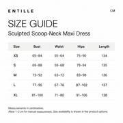 Entille size guide for Sculpted Scoop-Neck Maxi Dress. Measurements in centimeters. Columns: Size, Bust, Waist, Hips, Length. XS, 65–84, 55–64, 75–90, 134; S, 69–88, 59–68, 79–94, 135; M, 73–92, 63–72, 83–98, 136; L, 77–96, 67–76, 87–102, 137; XL, 81–100, 71–80, 91–106, 138. Allow 1–2 cm for manual measurement. Size availability is shown in the product options.