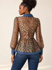 Leopard & Denim-Trim Peplum Blouse, back view