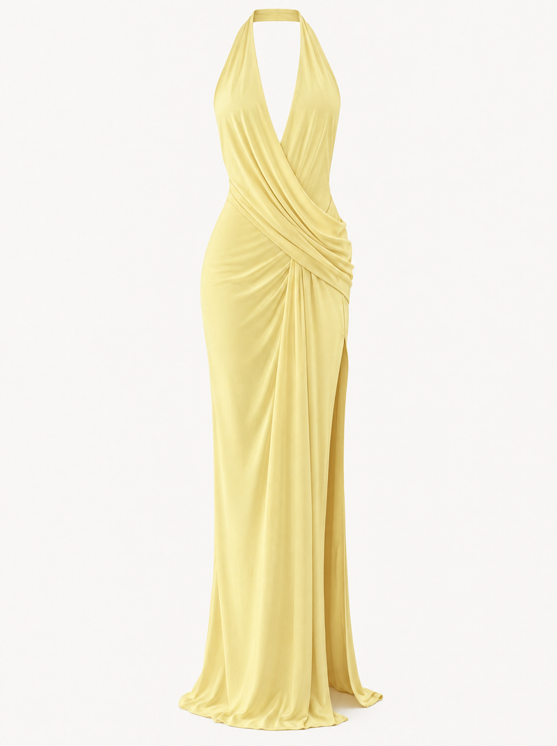 Draped Halter Split Maxi Dress in Pale Yellow