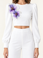 Violet Bloom Crop Top & Wide-Leg Pants Set, fabric and construction detail