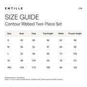 Entille size guide for Contour Ribbed Two-Piece Set. Measurements in centimeters. Columns: Size, Bust, Hips, Top length, Waist, Pant length. S, 82, 88, 96, 62, 98; M, 86, 92, 97, 66, 99; L, 92, 98, 98, 72, 100; XL, 98, 104, 99, 78, 101; XXL, 104, 110, 100, 84, 102. Allow 1–3 cm for manual measurement. Compare with a similar garment before ordering.