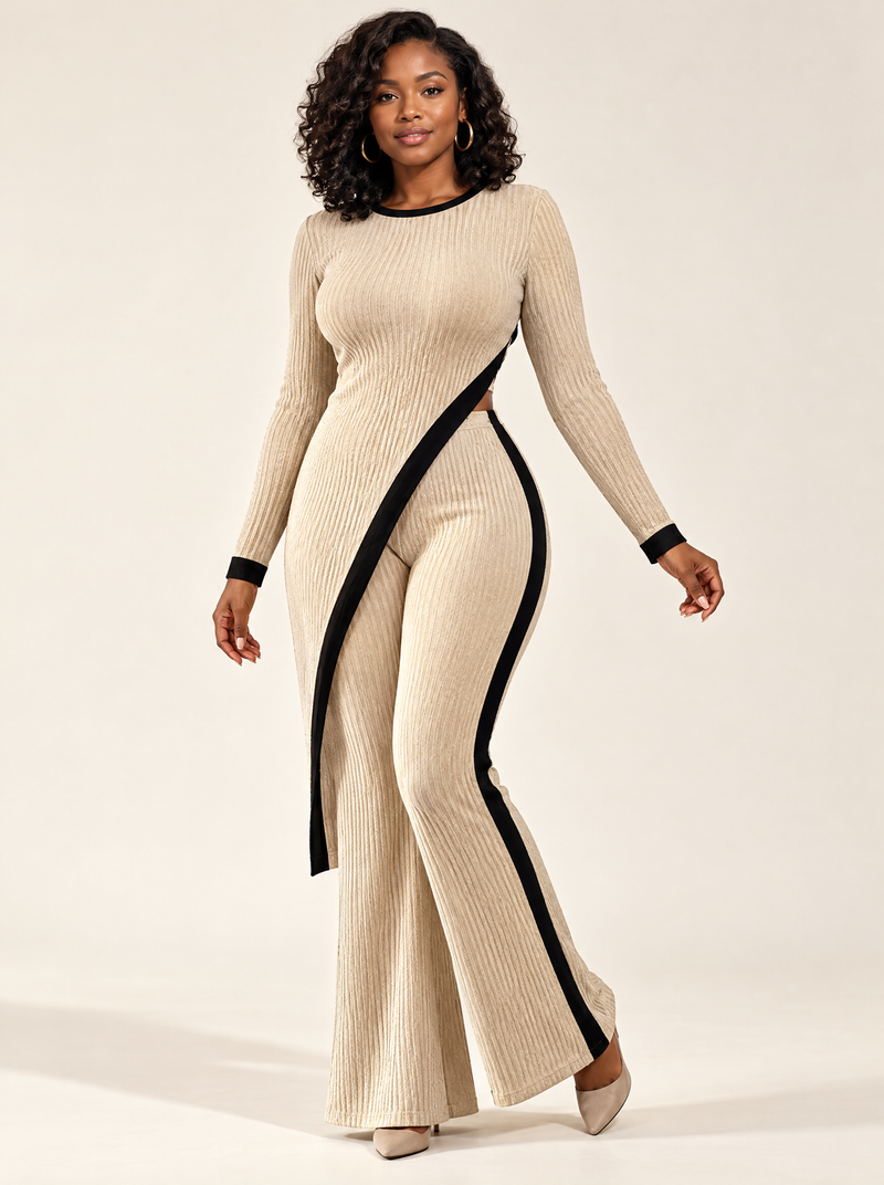Contour Ribbed Top & Flared Pants Set in Cream & Black