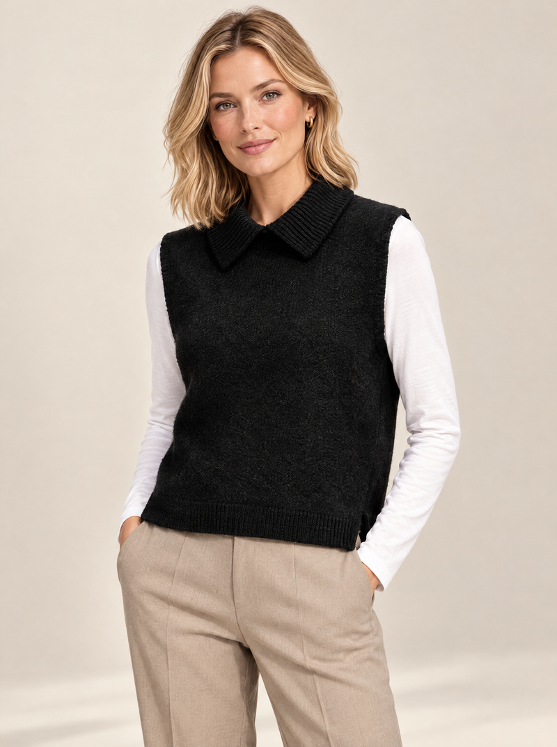 Collared Knit Sweater Vest in Black