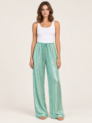 Shimmer Wide-Leg Sequin Pants in Mint Green